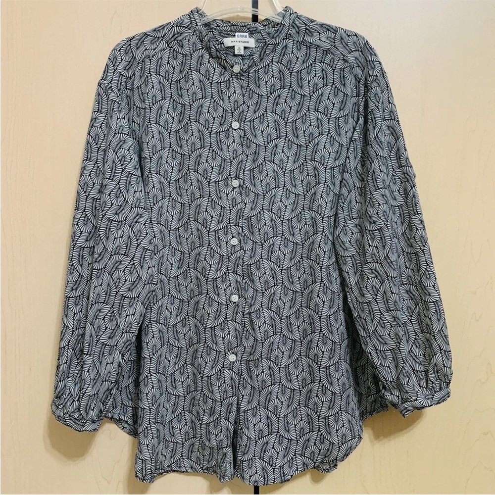 MAX Studio Women Ruffle Long Sleeve Button Front Blouse Black White Plus Size 1X